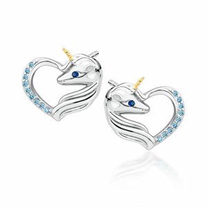 Klenoty Amber Stříbrné náušnice srdce s jednorožcem - jasně modrý zirkon