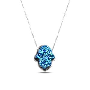 Klenoty Amber Stříbrný náhrdelník hamsa modrá drůza