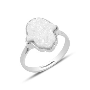 Klenoty Amber Stříbrný prsten hamsa bílá drůza - uni velikost