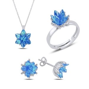 Klenoty Amber Stříbrná sada šperků květ lotosu tyrkysový- náušnice, náhrdelník, prsten