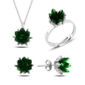 Klenoty Amber Stříbrná sada šperků květ lotosu zelený- náušnice, náhrdelník, prsten
