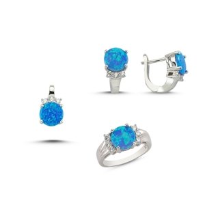 Sada šperků s modrým opálem - prsten, náušnice, přívěsek
