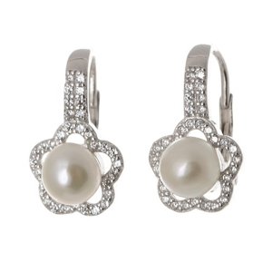 Dámské stříbrné naušnice s perlou a čirými zirkony AGUC878