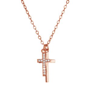 Pozlacený stříbrný Rose Gold náhrdelník dva malé křížky a bílé zirkony 12059.1 crystal